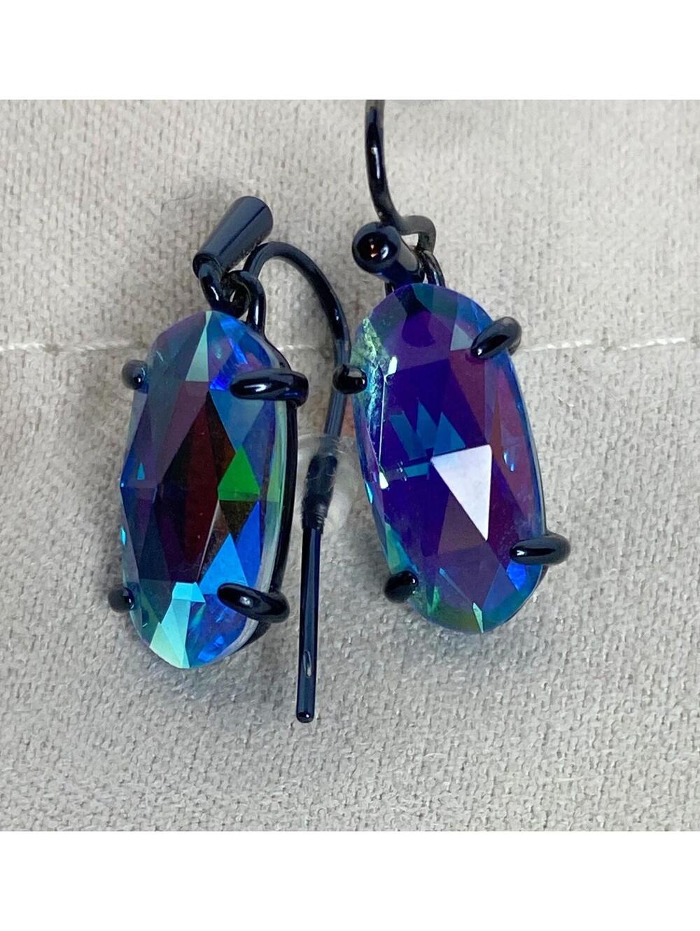 Kendra Scott Lemmi Oval Dangle Drop Earrings Navy Gunmetal Indigo Dichroic Glass
